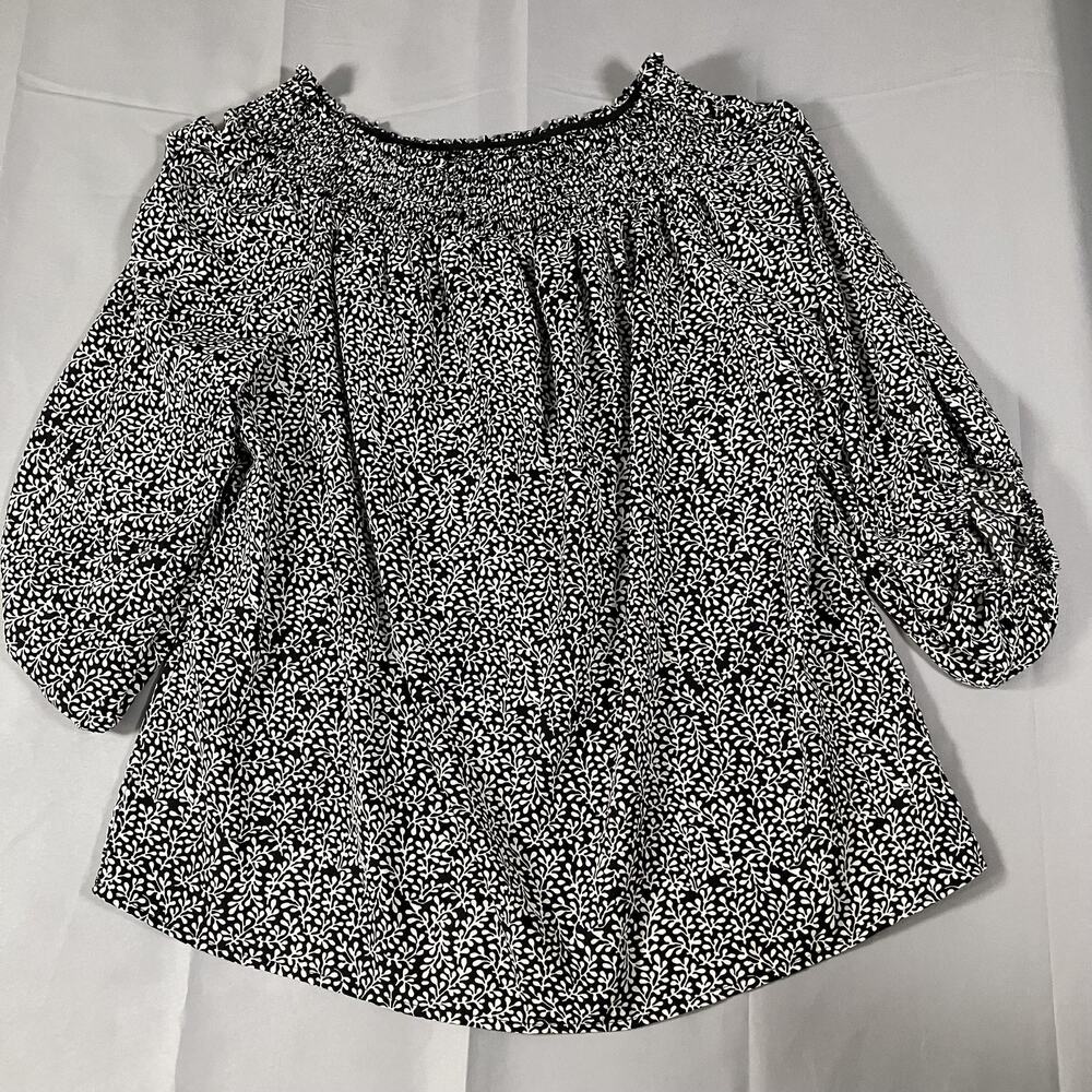Black White Floral Blouse Womens XL Smocked Neck 3/4 Sleeve Pullover Top Casual - Picture 7 of 16